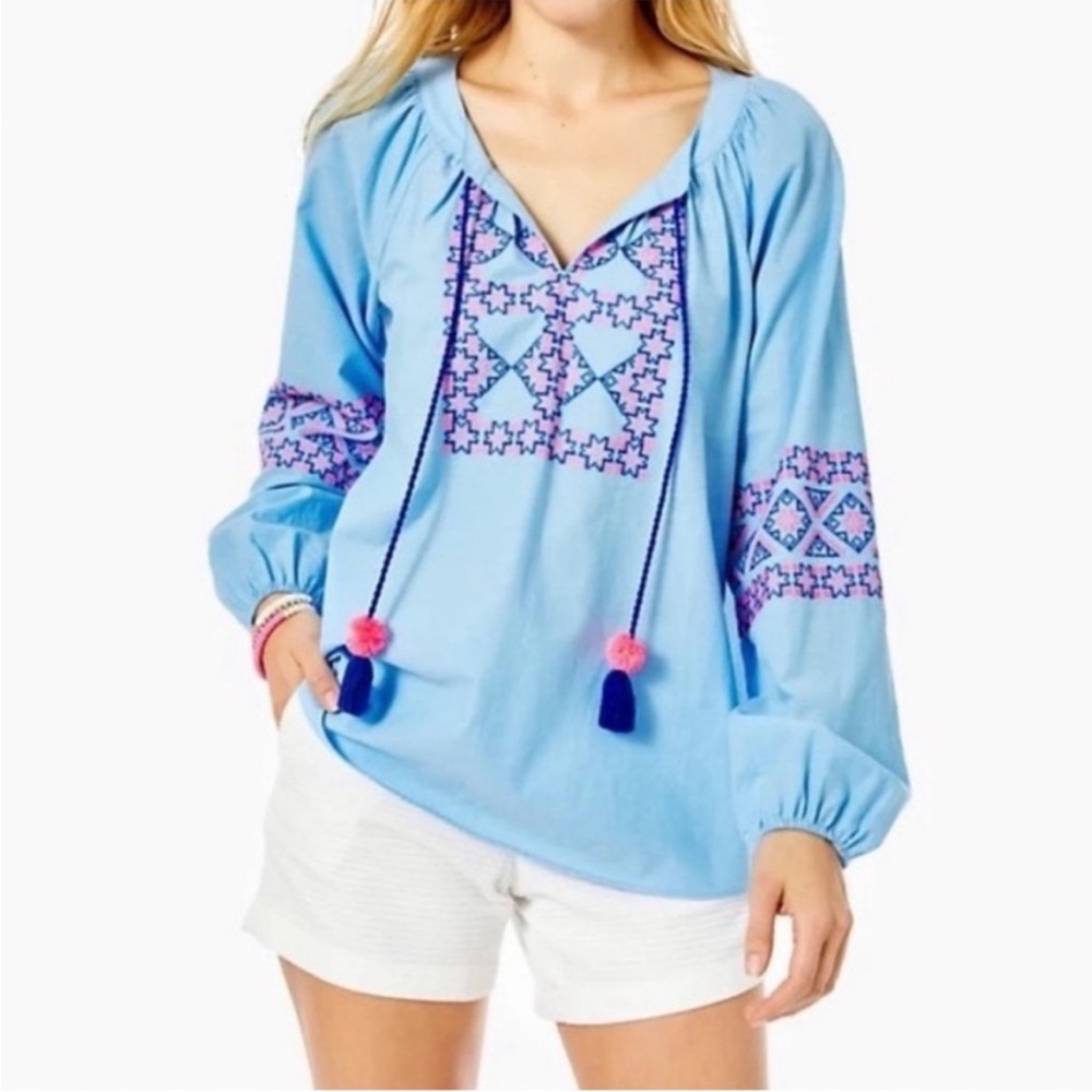 NWT Lilly Pulitzer Cecile Embroidered Tie Neck Tassel Top in Zanzibar Blue - S